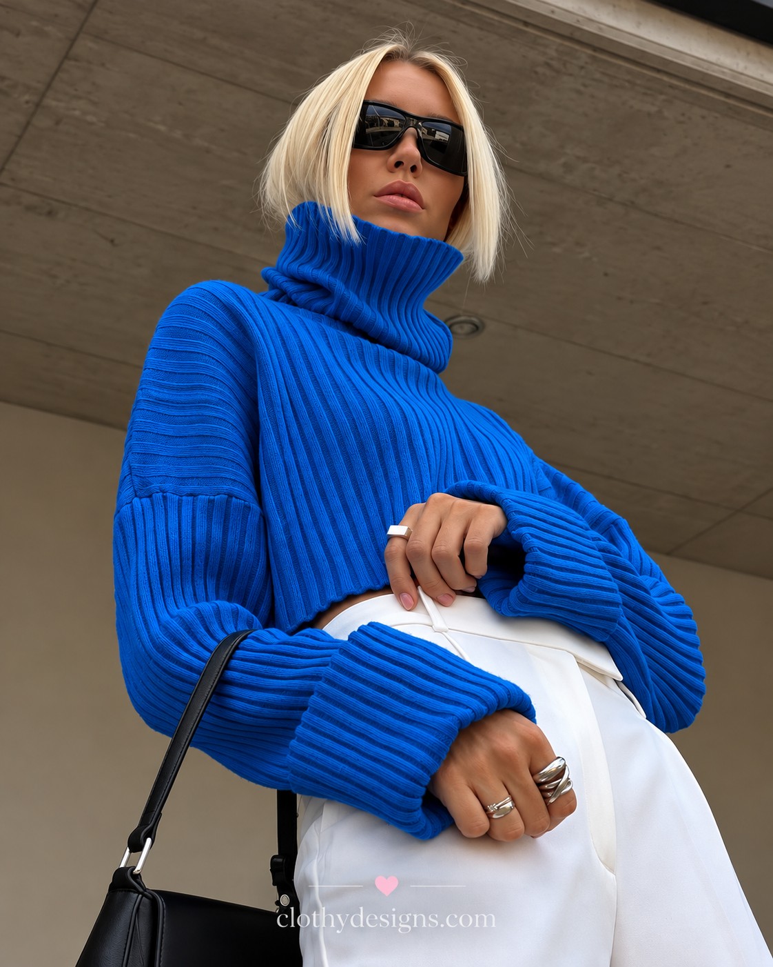 Women’s Winter Knitted Turtleneck Crop Sweater – Warm Flare Sleeve Pullover Top